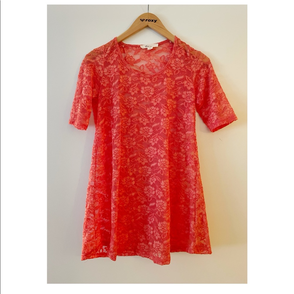 Coral pink sheer lace tunic top shirt blouse Xai size small